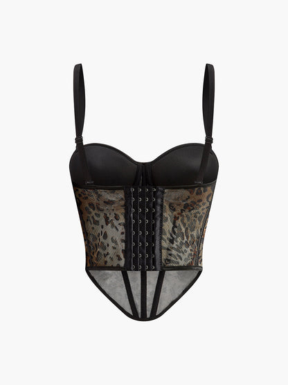 Semi-Sheer Leopard Printed Spaghetti Strap Corset