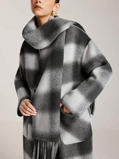 Wool-Blend Tweed Long Coat With Matching Tassel Scarf
