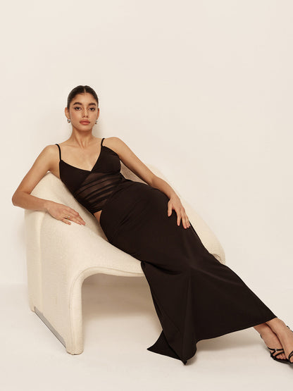 Semi-Sheer Low V-Neck Asymmetrical Ruched Dress