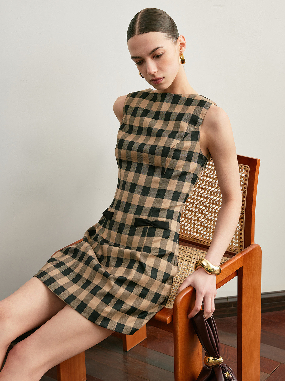 Vintage Plaid Sleeveless Bow Dress