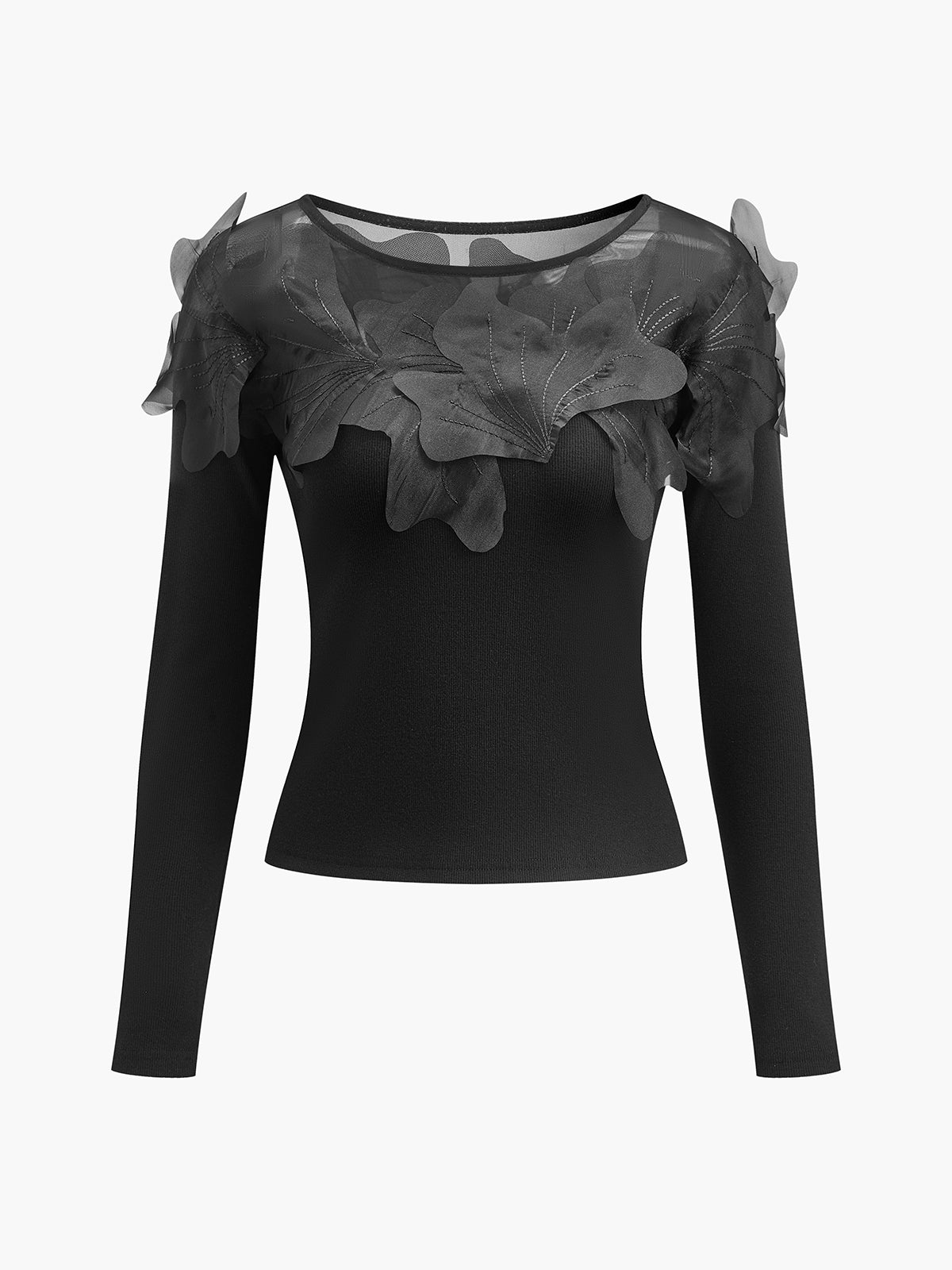 Semi-Sheer Floral Decor Slim Blouse