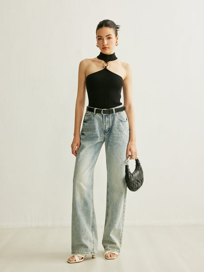 Ring Detail Ribbed Halter Top