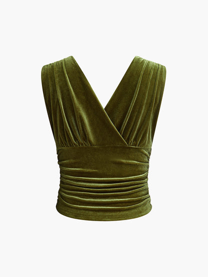 Velvet Pleated Cinched Waist Crop Tank Top