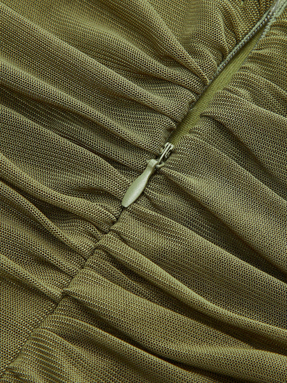 Ruched Asymmetrical Mesh Hem Dress