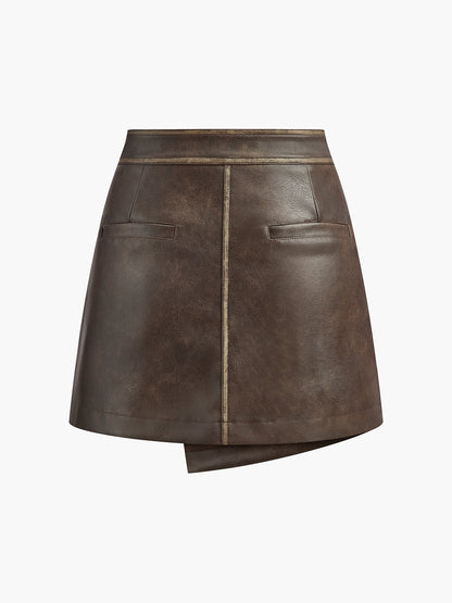 Button Pocket Faux Leather Skirt