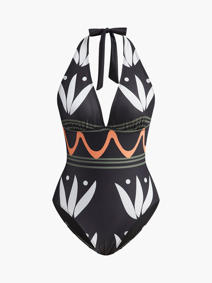 Halter Neck Geometric Print Swimsuit