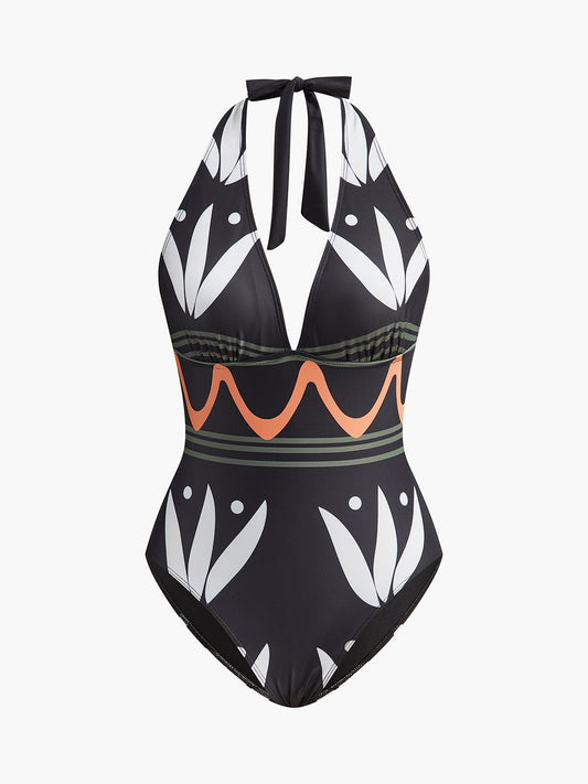 Halter Neck Geometric Print Swimsuit