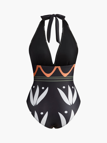 Halter Neck Geometric Print Swimsuit