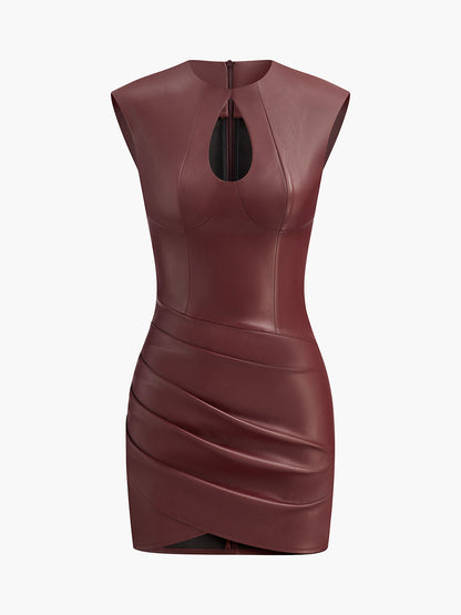 Keyhole Neckline Pleated PU Leather Slim Dress