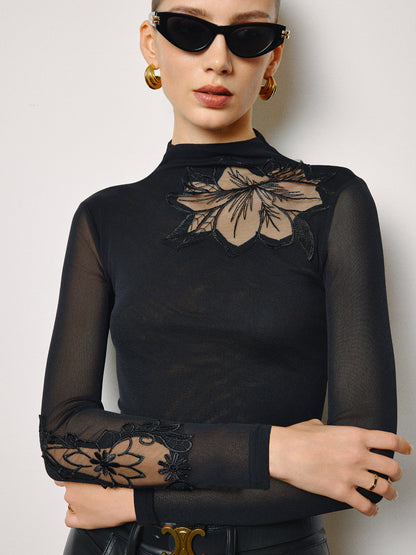 Semi-Sheer Mesh-Floral Slim Jersey Top