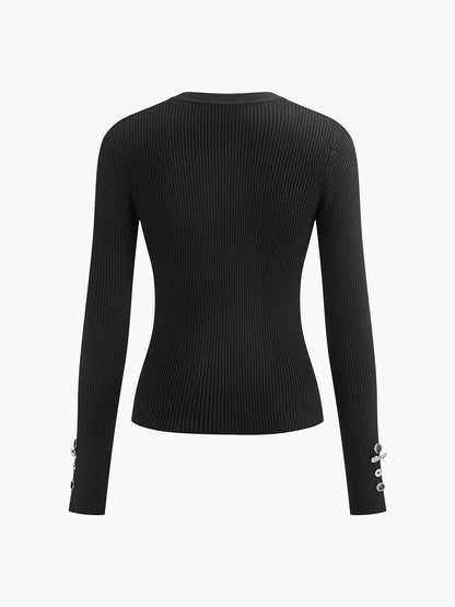 Geometric-Button Ribbed Knit Top