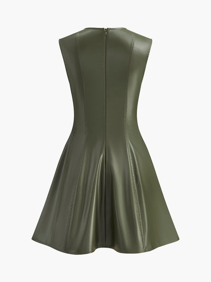 Sleeveless Pleated Faux Leather Short Dress