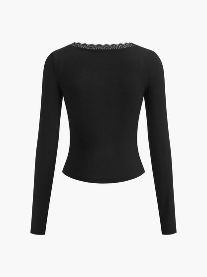 Lace Trim Long Sleeve Crop Top