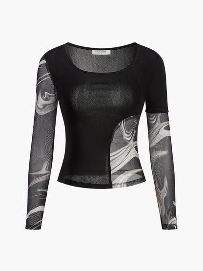 Semi-Sheer Geometric Printed Mesh Jersey Top