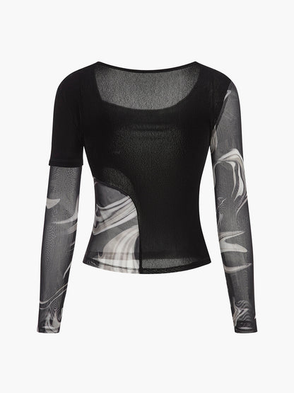Semi-Sheer Geometric Printed Mesh Jersey Top