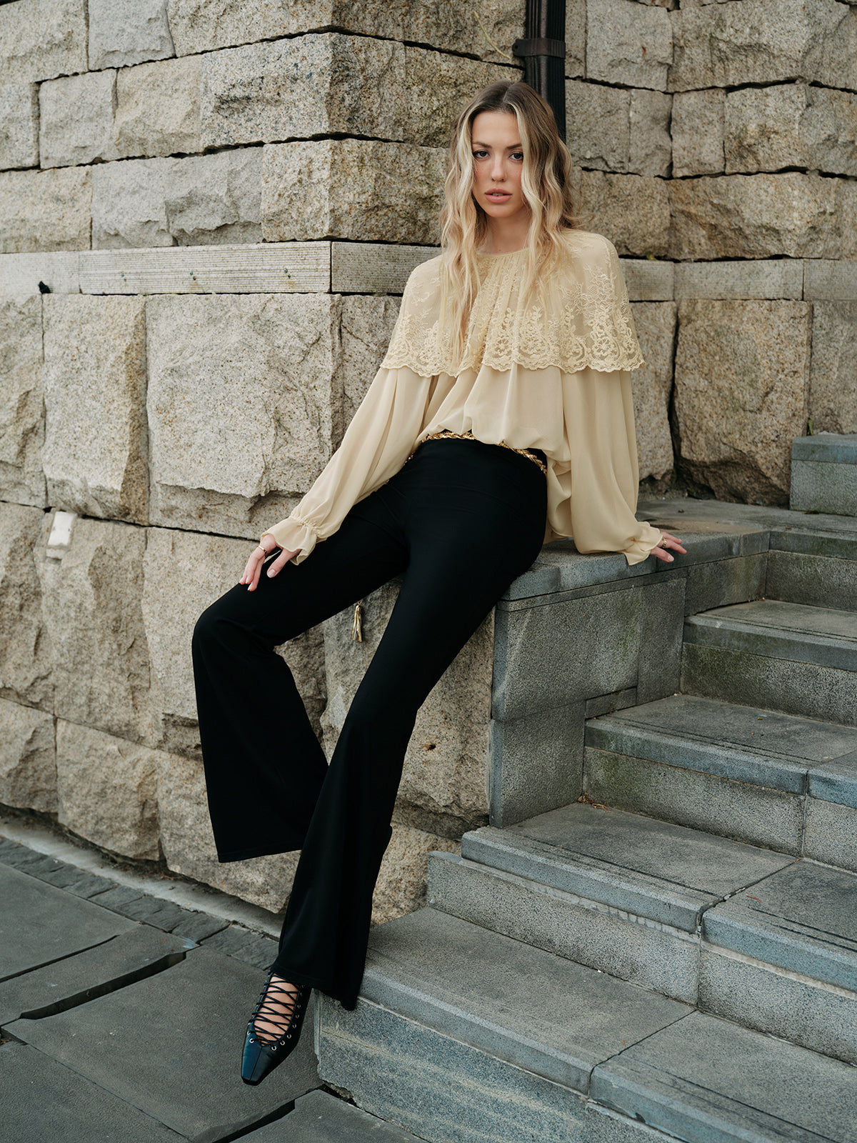 Semi-Sheer Lace Chiffon Blouse