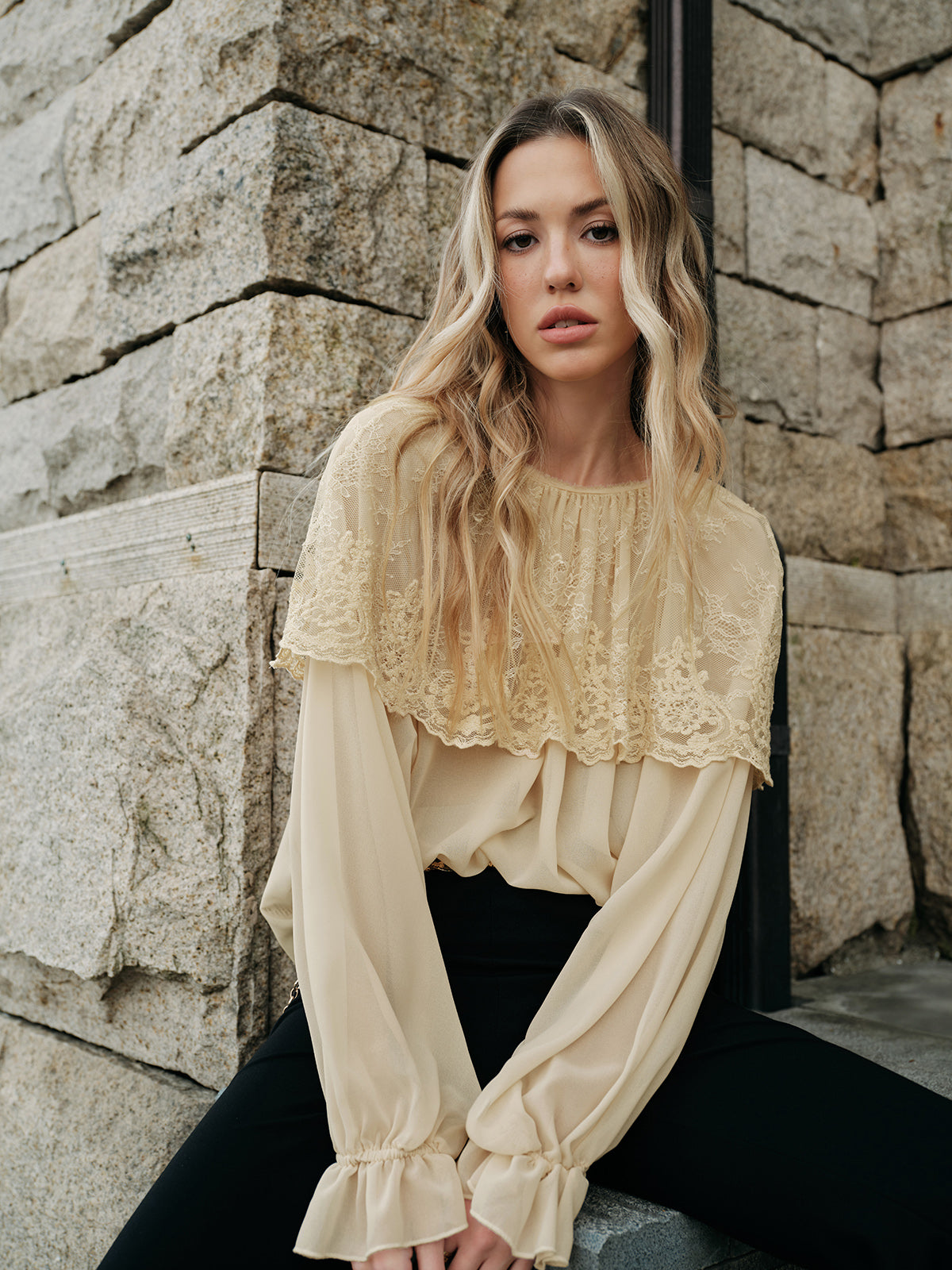 Semi-Sheer Lace Chiffon Blouse