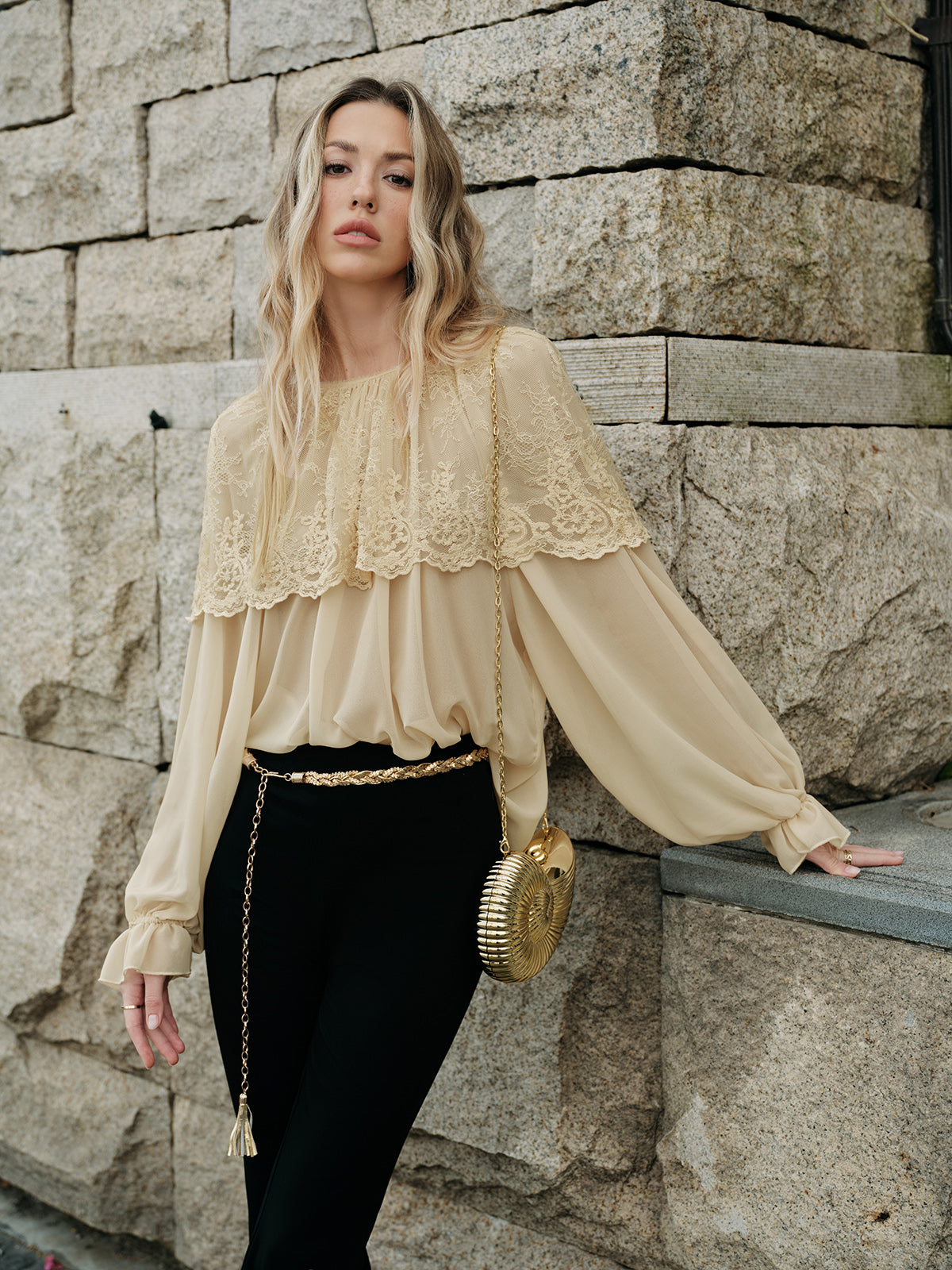 Semi-Sheer Lace Chiffon Blouse