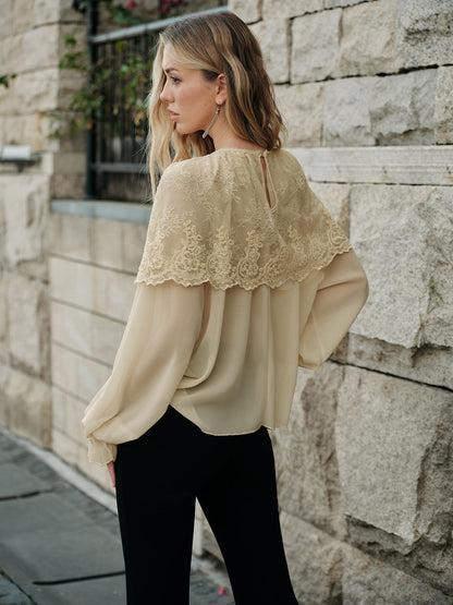Semi-Sheer Lace Chiffon Blouse