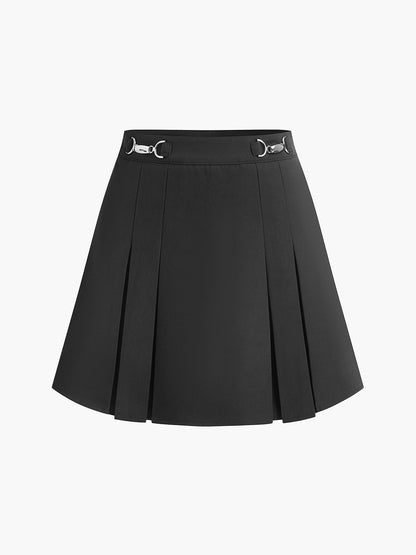 Metal-Belt Pleated Mini Skirt