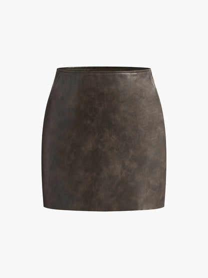 Retro Faux Leather Pockets Skirt