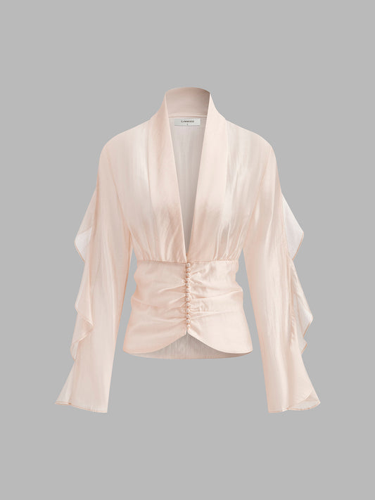 Semi-Sheer Chiffon V-Neck Ruched Blouse