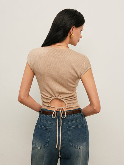 Back Tie Detail Ribbed T-Shirt
