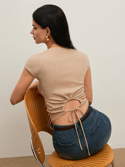 Back Tie Detail Ribbed T-Shirt