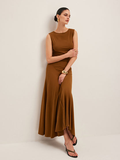 Asymmetrical Design Sleeveless Pleated Dress
