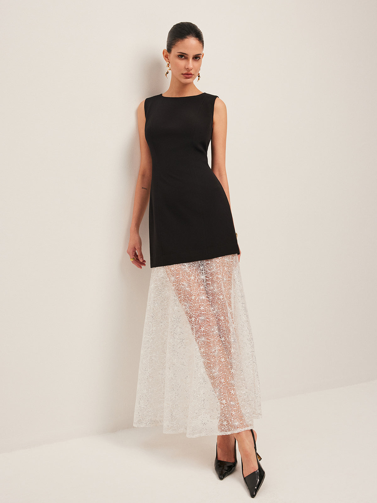 Sheer Lace Panel Sleeveless Dress