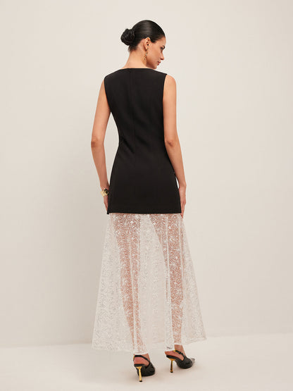 Sheer Lace Panel Sleeveless Dress