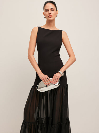 Sheer Panel Back-Tie Ruffled Hem Dress