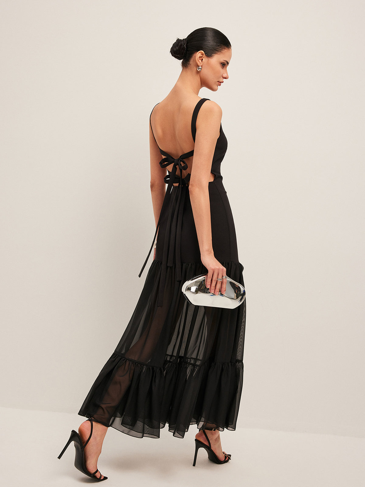 Sheer Panel Back-Tie Ruffled Hem Dress