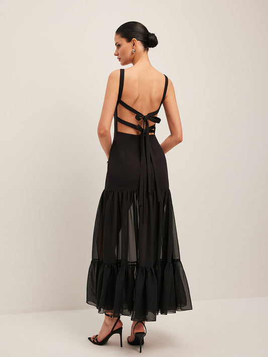 Sheer Panel Back-Tie Ruffled Hem Dress