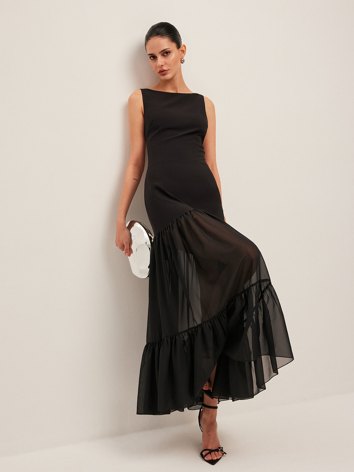 Sheer Panel Back-Tie Ruffled Hem Dress