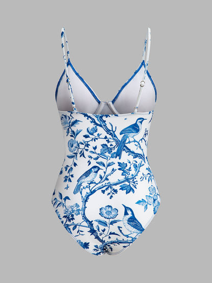 Bird Print V-Neck One-Piece Swimsuit
