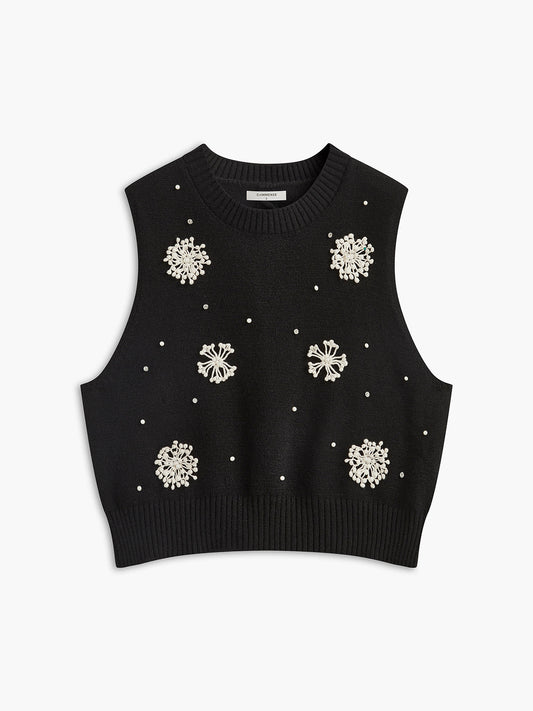 Floral Embellished Button-Back Knit Vest