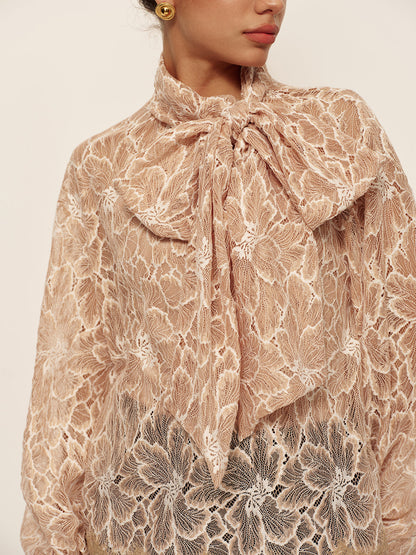 Semi-Sheer Bow-Front Lace Blouse