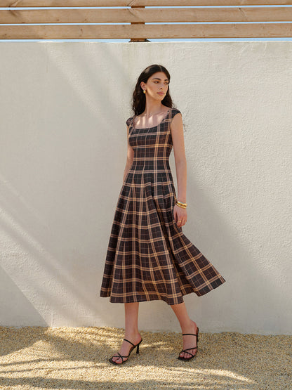 Square Neck Sleeveless Pleated Plaid Dress
