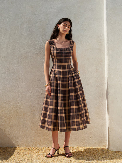 Square Neck Sleeveless Pleated Plaid Dress