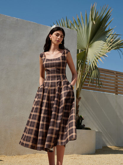Square Neck Sleeveless Pleated Plaid Dress