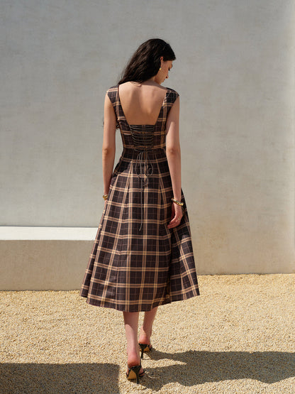 Square Neck Sleeveless Pleated Plaid Dress
