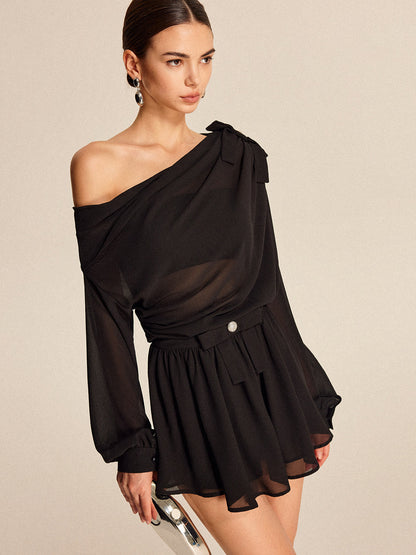 Semi-Sheer Chiffon One-Shoulder Bow Detail Skirt Set