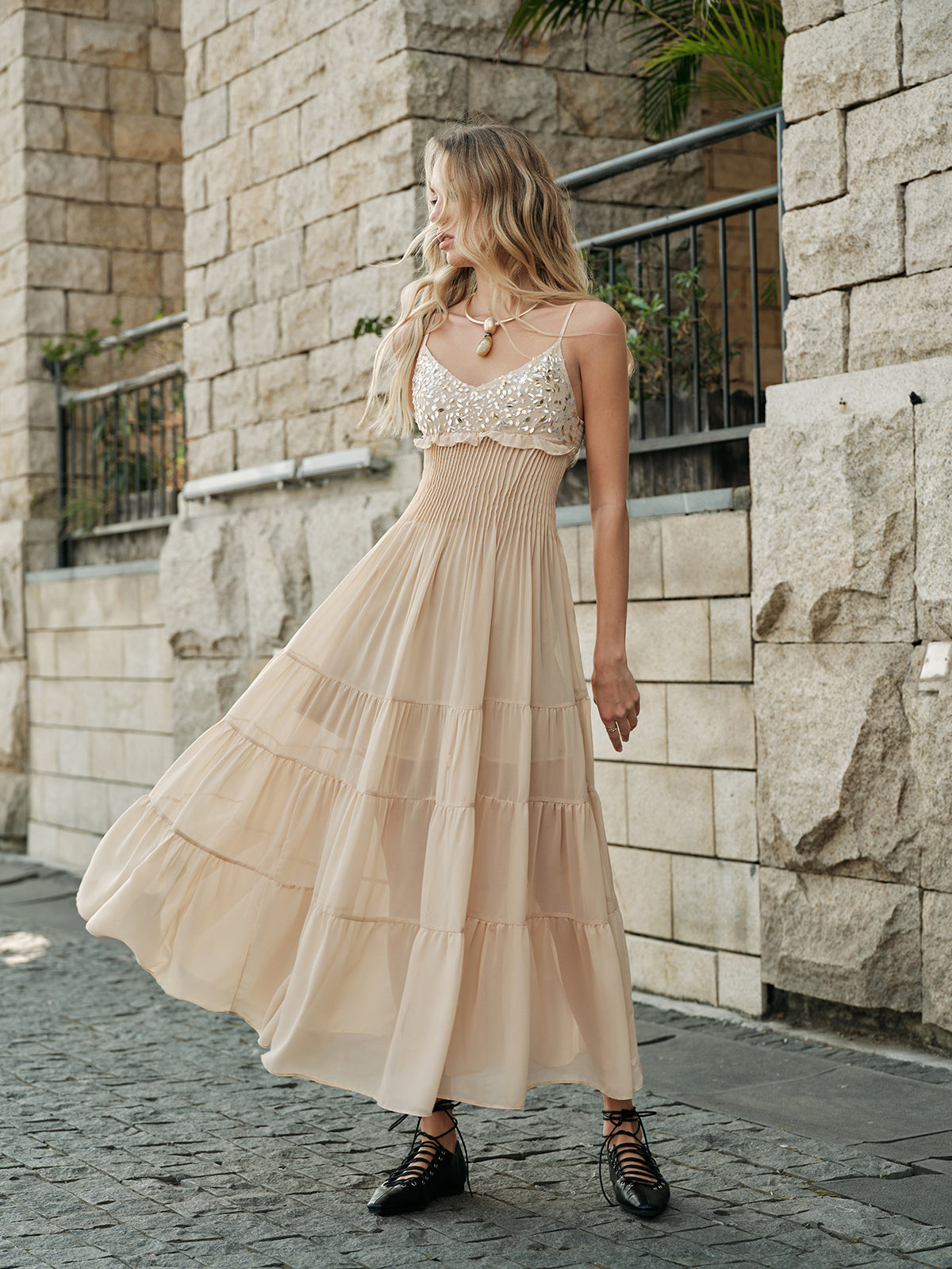 Semi-Sheer Embroidered Bustier Tiered Dress