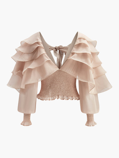 Semi-Sheer Chiffon Ruffle Backless Top