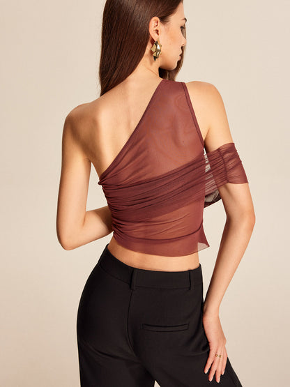 Semi-Sheer One-Shoulder Mesh Top