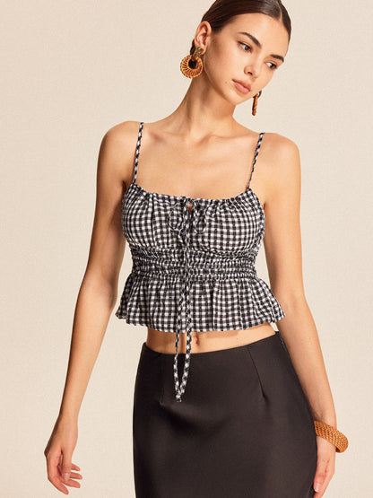 Smocked Peplum Gingham Cami Top