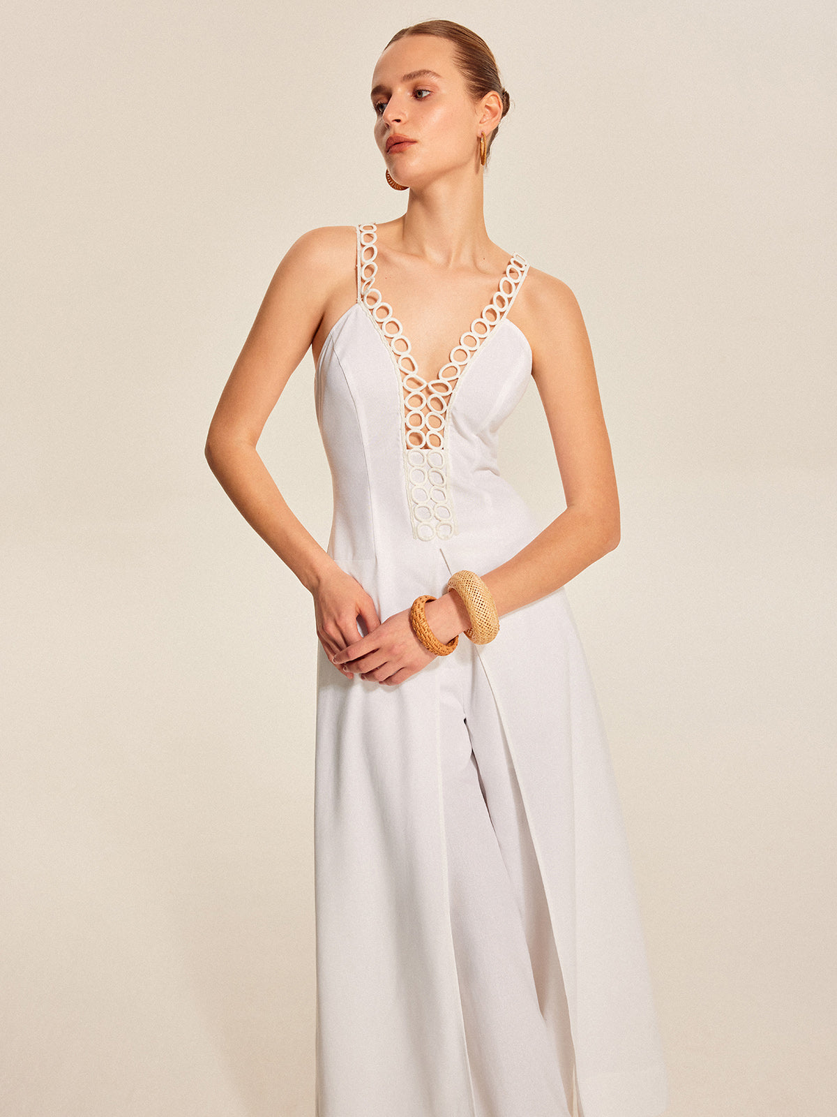 Hollow-Out Lace-Up V-Neck Top