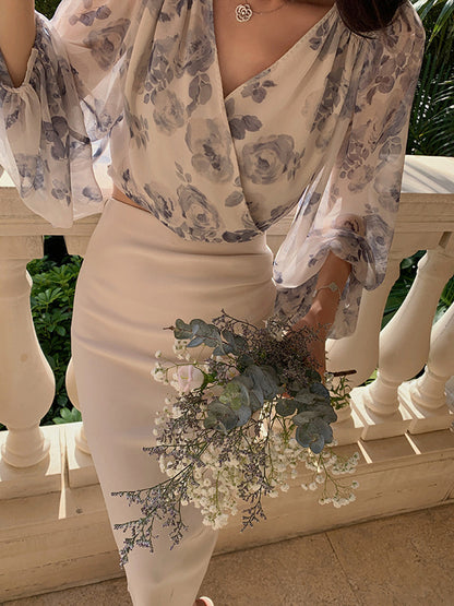 Semi-Sheer Chiffon Floral V-Neck Balloon Sleeve Blouse