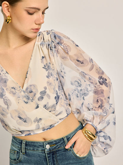 Semi-Sheer Chiffon Floral V-Neck Balloon Sleeve Blouse